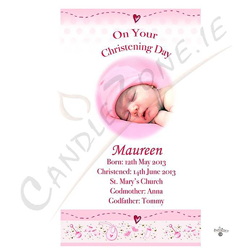 Customised Girls Christening Candle - Teddy & Quilt Pink with Photo