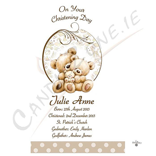 Customised Christening Candle - Teddy & Bubbles Brown