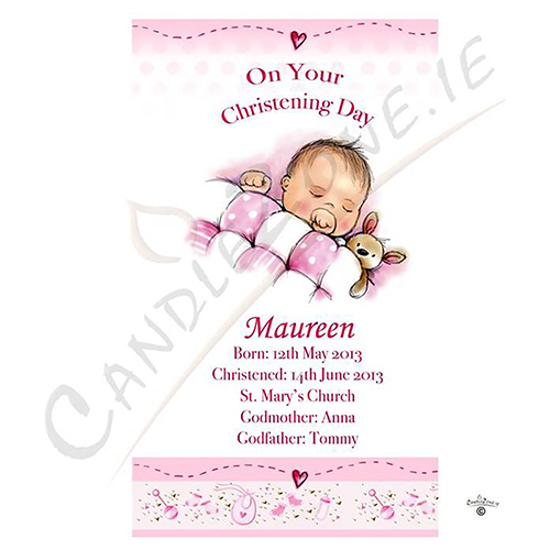 Customised Girls Christening Candle - Teddy & Quilt Pink