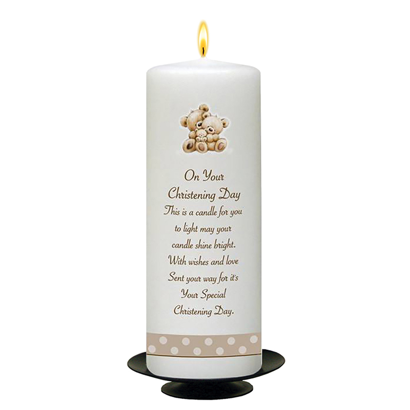Customised Christening Candle - Teddy & Bubbles Brown