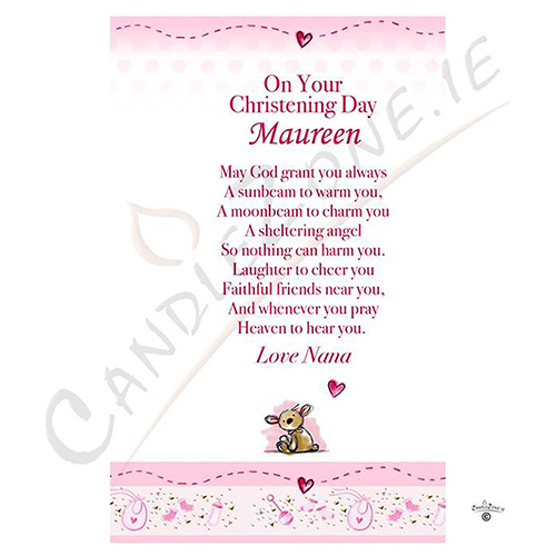 Customised Girls Christening Candle - Teddy & Quilt Pink
