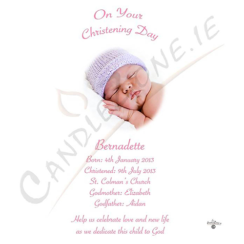 Customised Girls Christening Candle - Flying Dove Pink with Photo