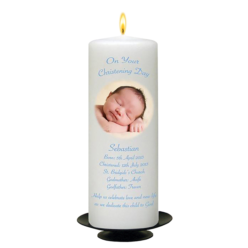 Customised Boys Christening Candle - Flying Dove Blue with Photo