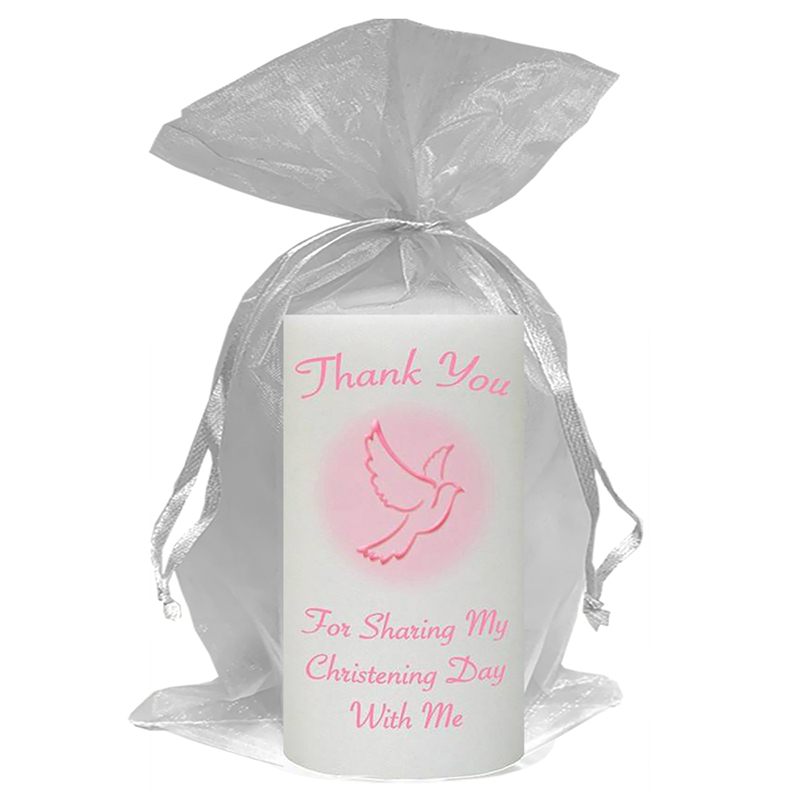 Customised Girls Christening Candle - Flying Dove Pink