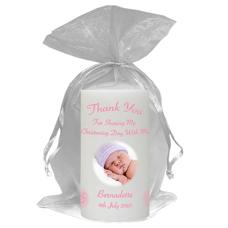 Customised Girls Christening Candle - Flying Dove Pink with Photo