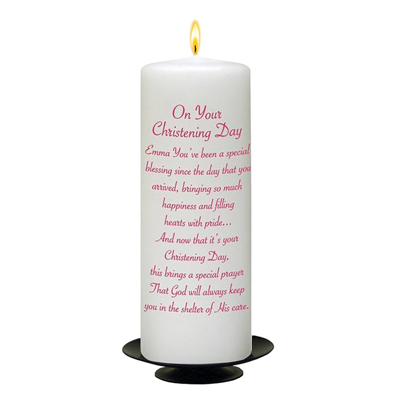Customised Girls Christening Candle - Heart & Bird Pink with Photo
