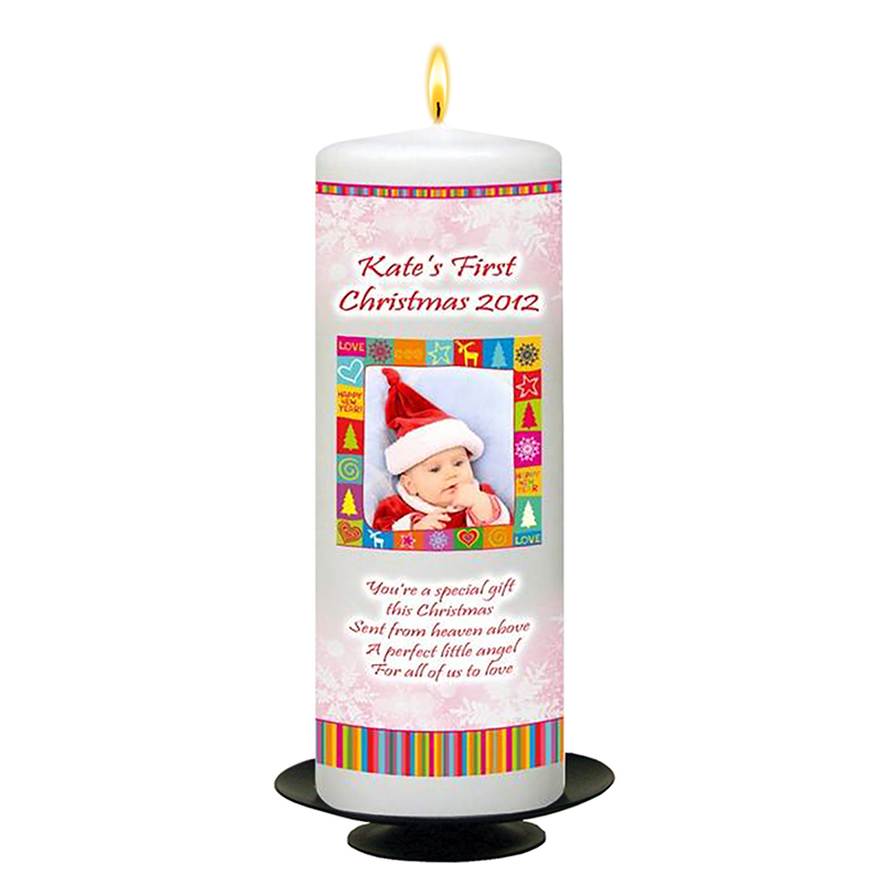 Customised Babys 1st Christmas Candle - Red Snowflakes with Photo