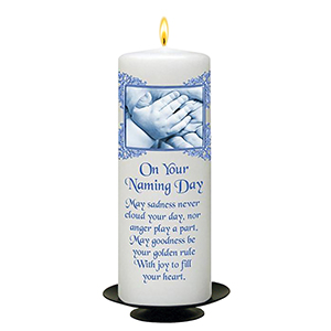 Customised Naming Day Candle Gift - A Pair of Booties Blue with Photo