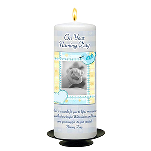 Customised Naming Day Candle Gift - A Pair of Booties Blue with Photo
