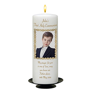 Customised 1st Holy Communion Candle - Gold Frame with Photo Boy