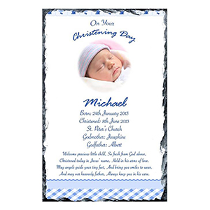 Customised Boy Christening Slate Gift - All Things Nice Blue with Photo