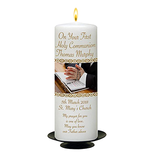 Customised 1st Holy Communion Candle - Gold Frame with Photo Boy