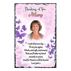 Personalsied Remembrance Slate - Blue Rose & Robin with Photo