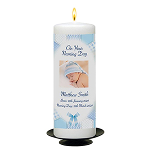 Customised Naming Day Candle Gift - A Pair of Booties Blue with Photo