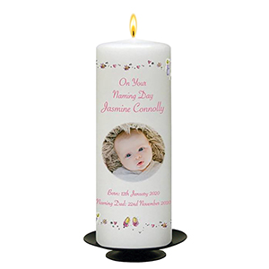 Customised Naming Day Candle Gift - A Pair of Booties Blue with Photo