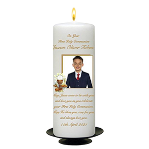 Customised 1st Holy Communion Candle - Gold Frame with Photo Boy