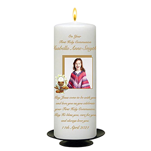 Customised 1st Holy Communion Candle - Gold Frame with Photo Boy