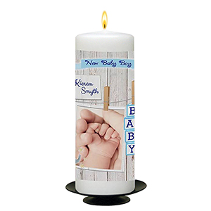 Customised New Baby Candle Gift - Boy Toys & Pegs with Photo