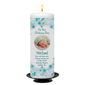 Peronsonalised Boys Christening Candle - Mothers Love Knot Blue with Photo