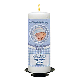 Peronsonalised Boys Christening Candle - Mothers Love Knot Blue with Photo