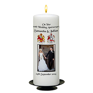 Customised Wedding Anniversary Candle Gift - Family Crest Anniversary Gold Script & Photo