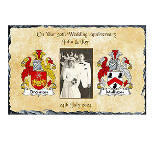 Personalsied Wedding Anniversary Slate Gift - Any Anniversary Photo & Family Crests Beige