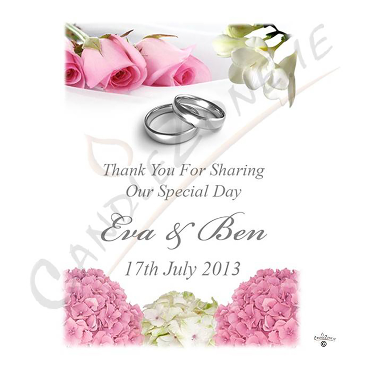 Customised Thank you Wedding Favour - Pink Roses & Freesia Silver
