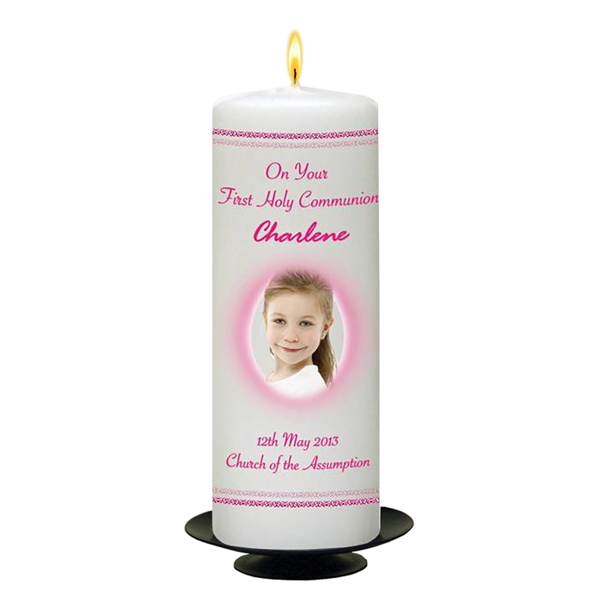 Customised 1st Holy Communion Candle - Pink Cross with Photo
