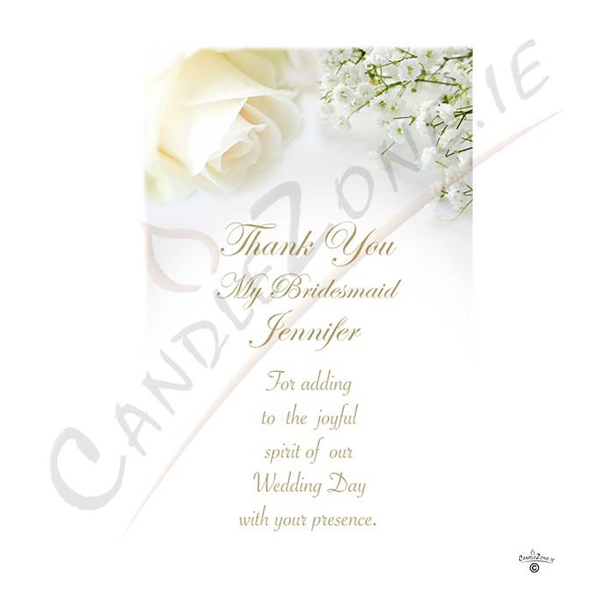 Customised Wedding Thank you Candle Gift - White Roses Gold Thank You Bridesmaid Candle