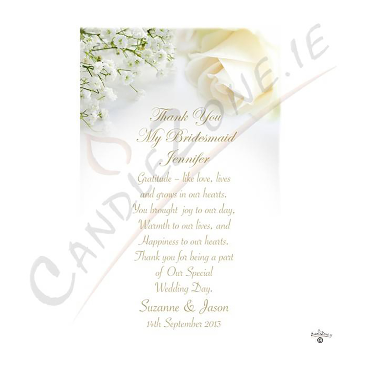 Customised Wedding Thank you Candle Gift - White Roses Gold Thank You Bridesmaid Candle