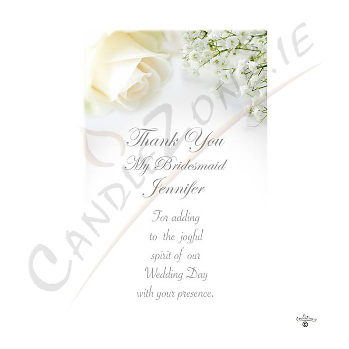 Customised Wedding Thank you Candle Gift - White Roses Silver Thank You Bridesmaid Candle