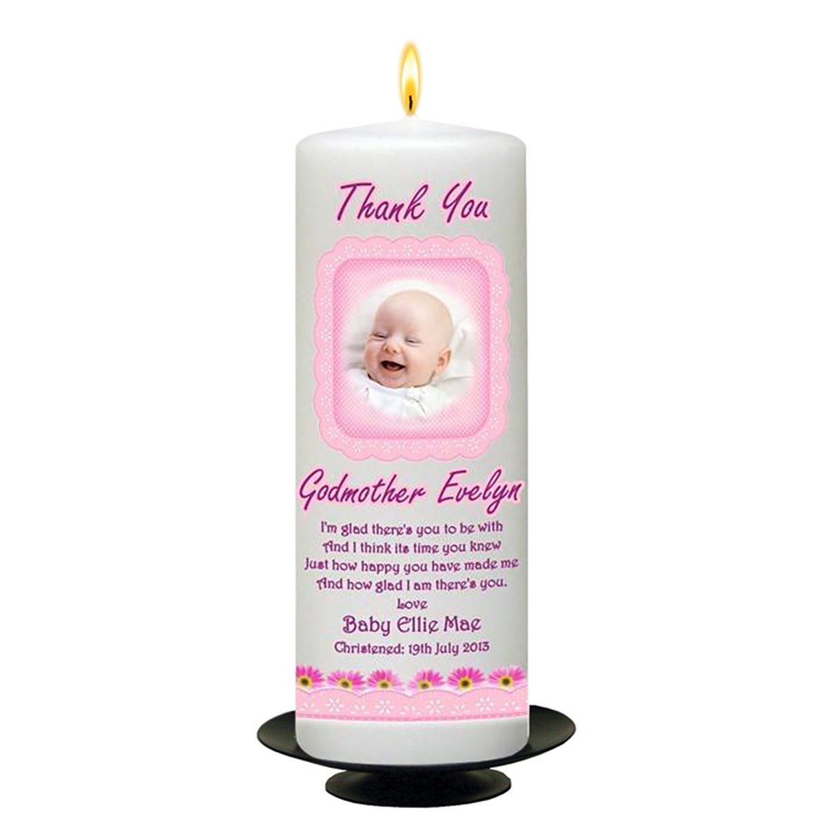 Customised Godmother Candle Gift - Pink Daisies with Photo