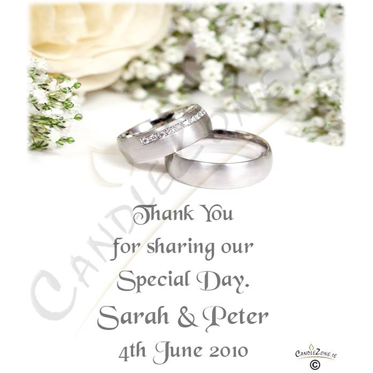 Customised Wedding Candles - White Flowers & Rings Silver Script
