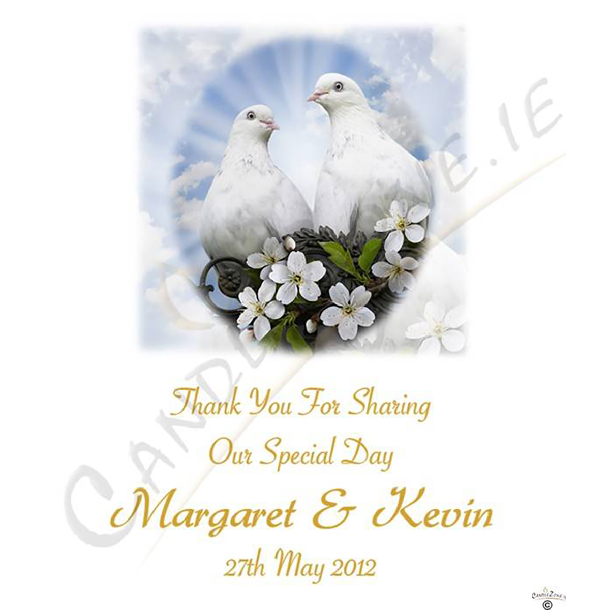 Customised Wedding Candles - Love Doves Gold Script