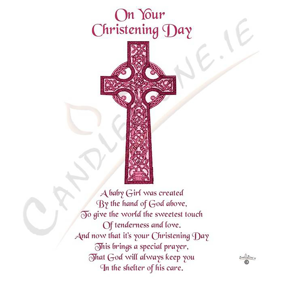 Customised Girls Christening Candle - Celtic Cross Pink