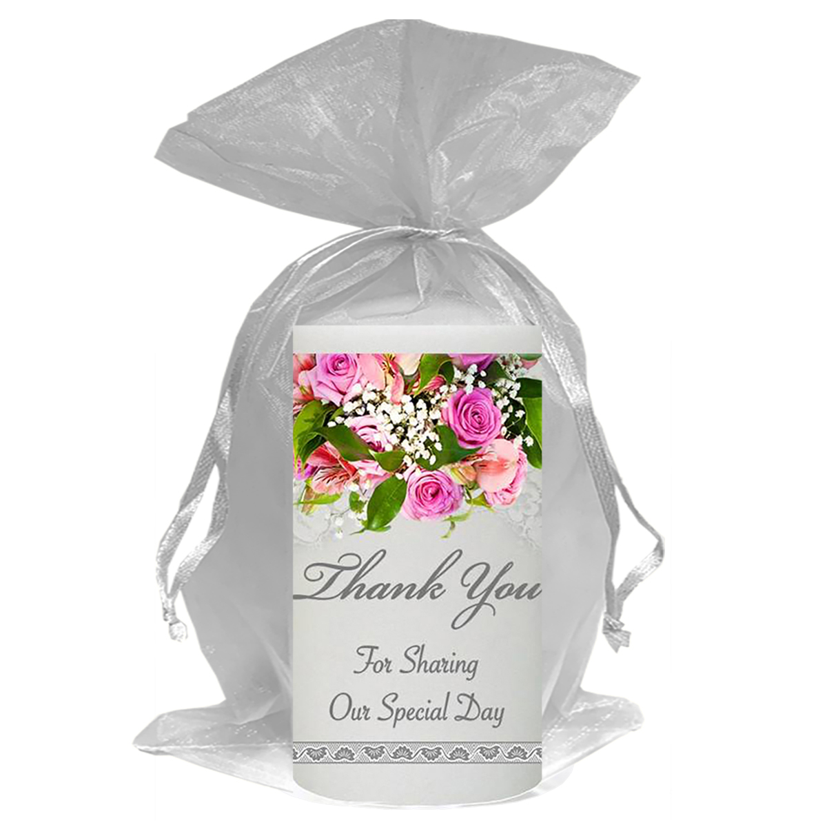 Customised Thank you Wedding Favour - Lace silver Rings & Pink Roses