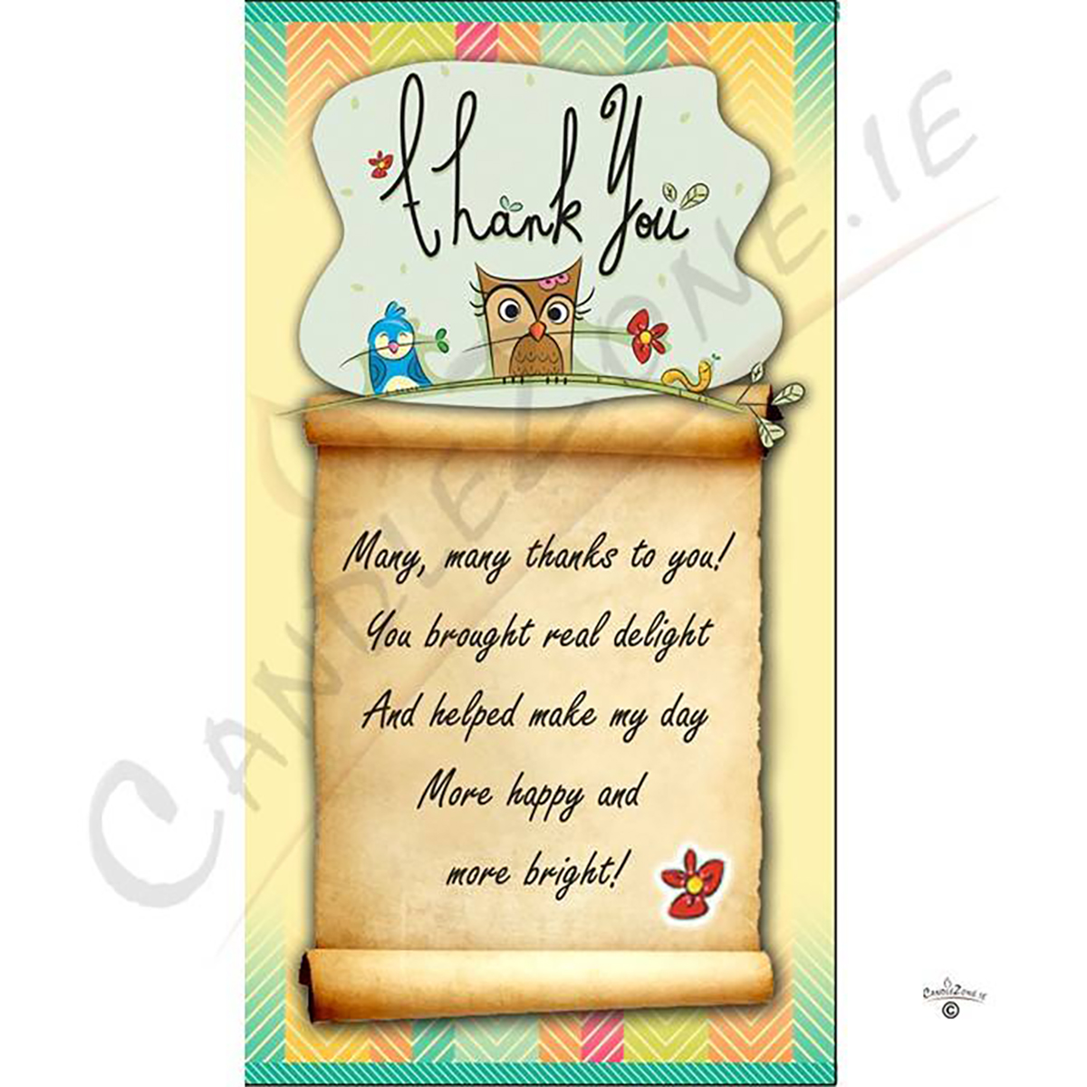 Customised Thank you Candle Gift - Owl & Flowers on Scroll