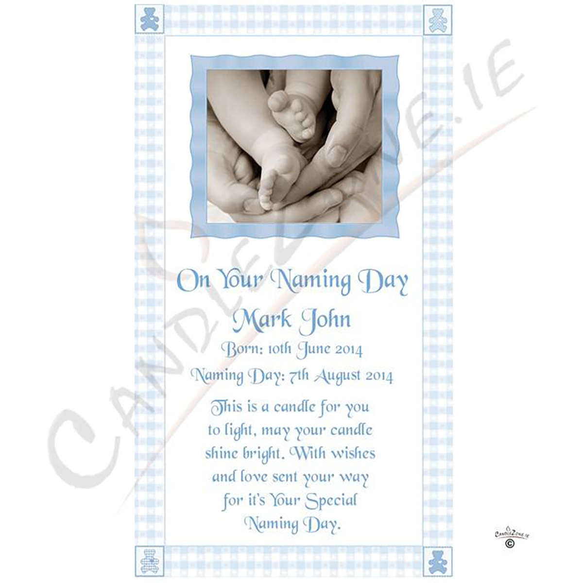 Customised Naming Day Candle Gift - Gingham Feet Blue