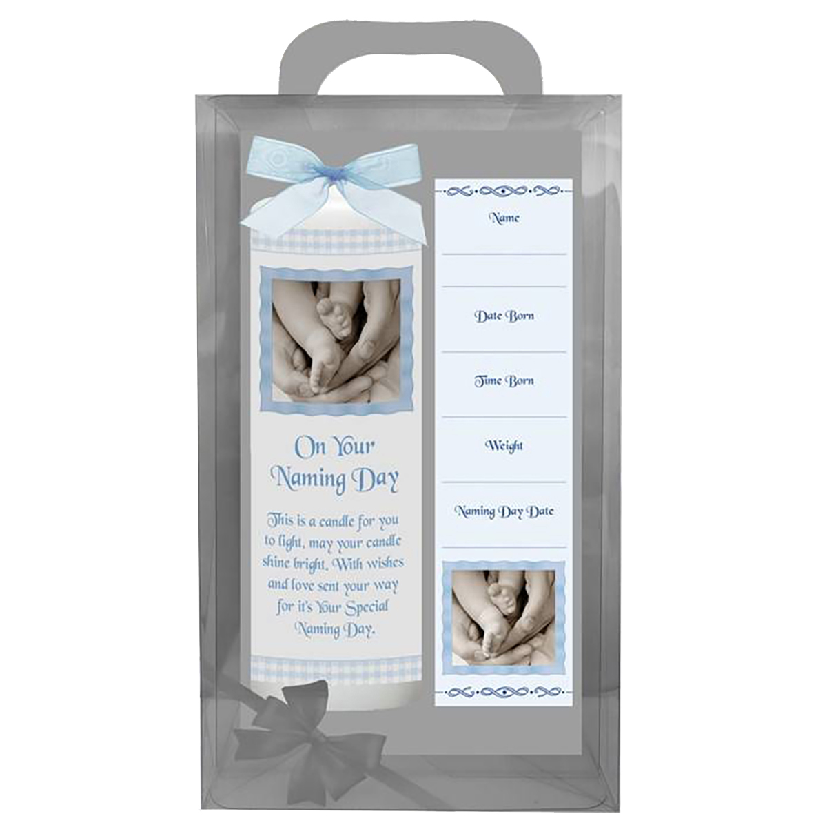 Customised Naming Day Candle Gift - Gingham Feet Blue