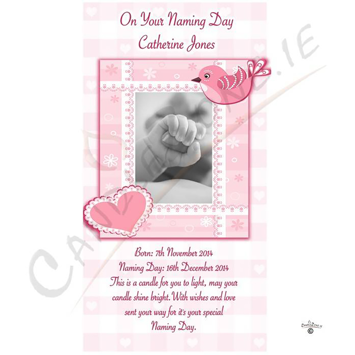 Customised Naming Day Candle Gift - Hand Heart & Bird Pink