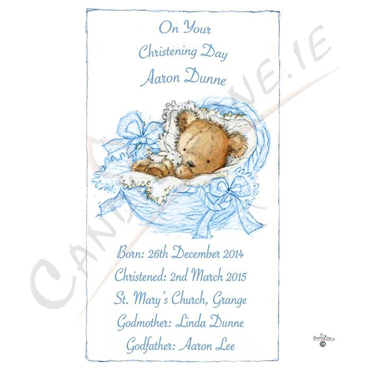 Customised Boys Christening Candle - Teddy in Basket Blue