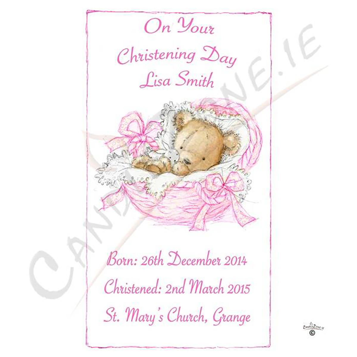 Customised Girls Christening Candle - Teddy in Basket Pink