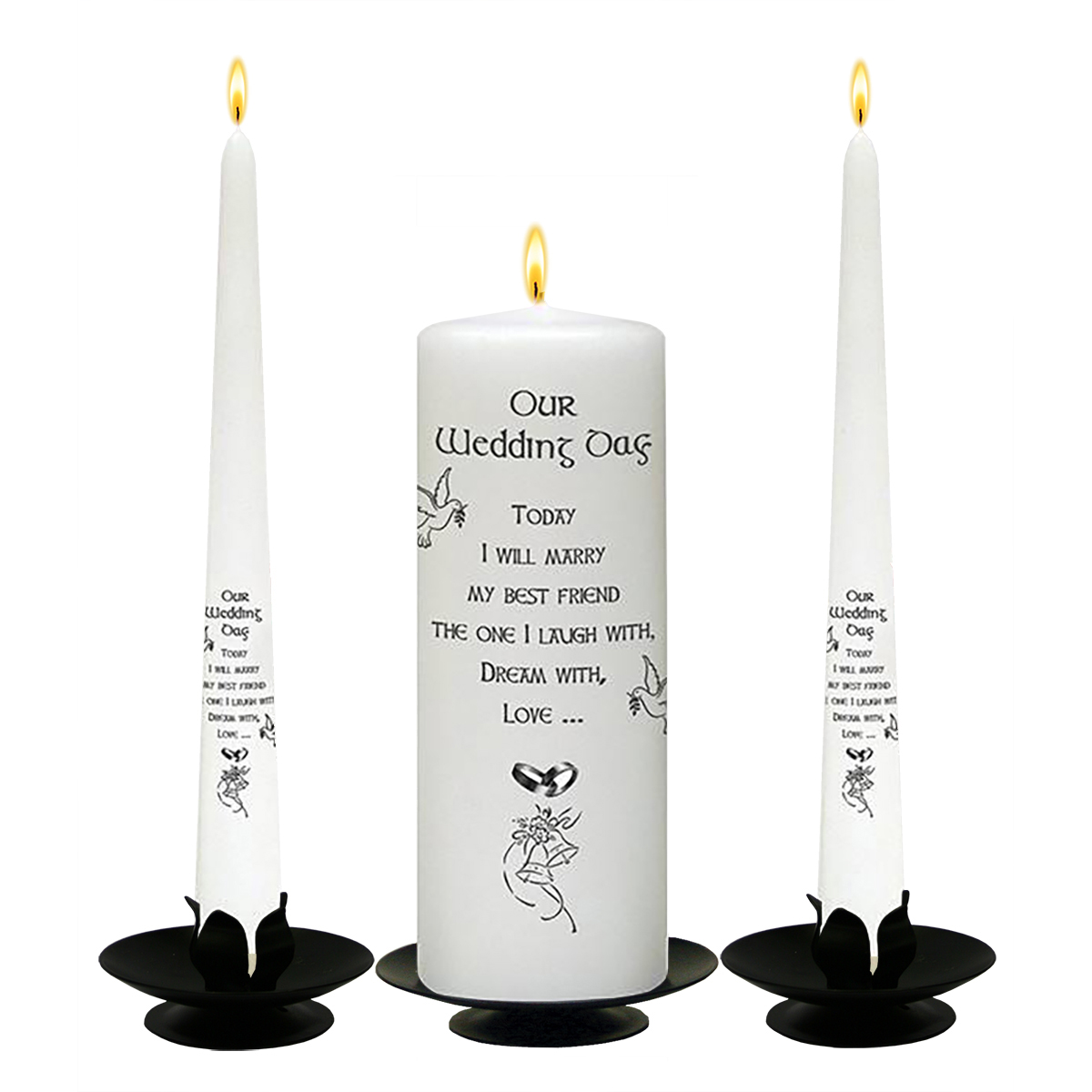 Customised Wedding Candles - Bells Doves & Silver Rings