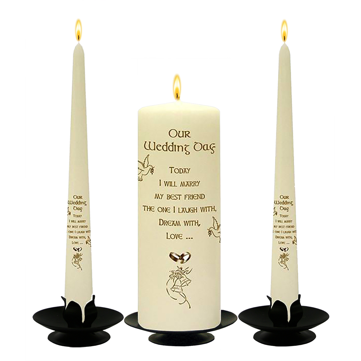 Customised Wedding Candles - Bells Dove & Gold Rings