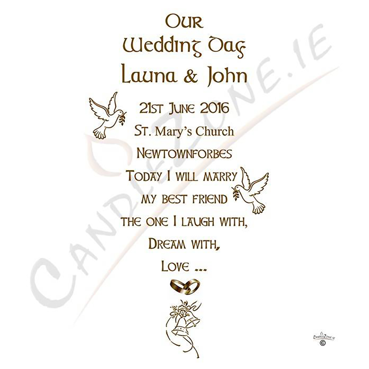Customised Wedding Candles - Bells Doves & Gold Rings Set (1 x 9 inch & 2 x 6 inch Candles)