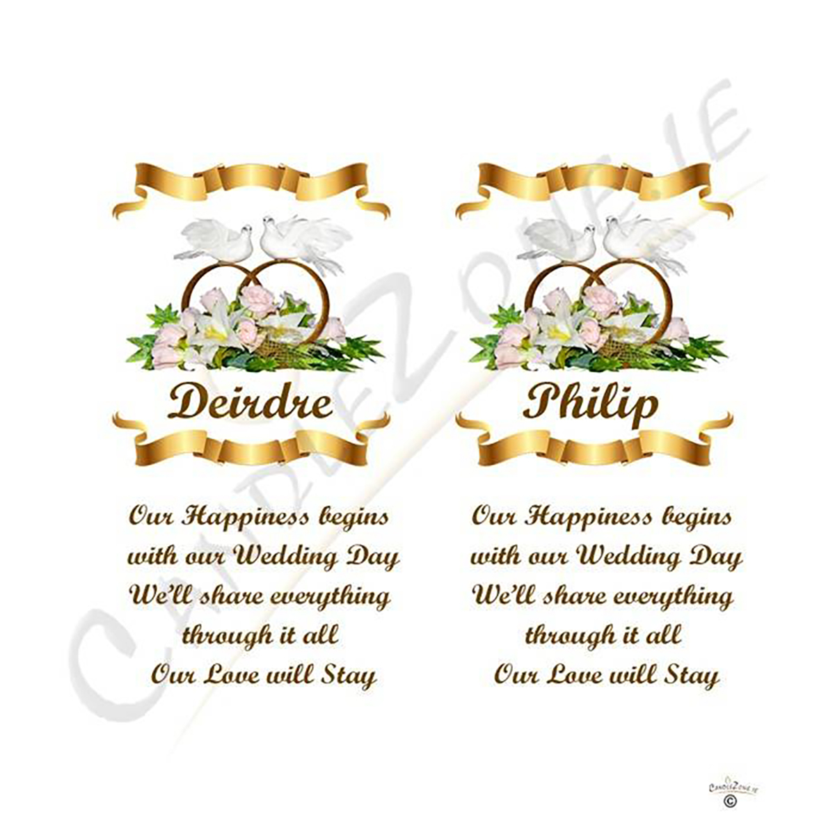 Customised Wedding Candles - Wedding Bouquet Gold