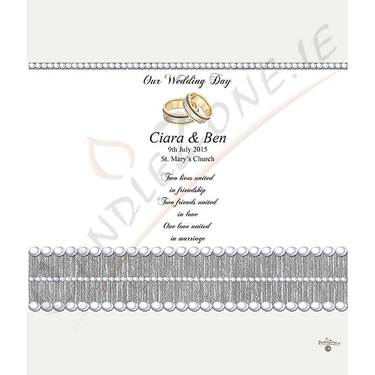 Customised Wedding Candles - Elegant Rings & Pearls Silver