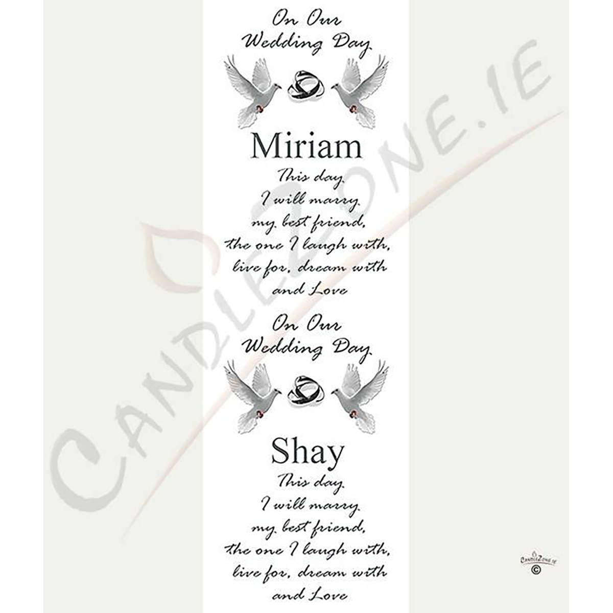 Customised Wedding Candles - Entwined Silver Rings & Doves