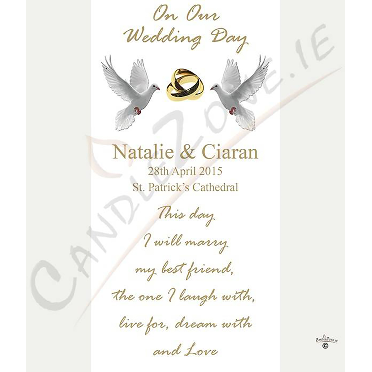 Customised Wedding Candles - Entwined Gold Rings & Doves