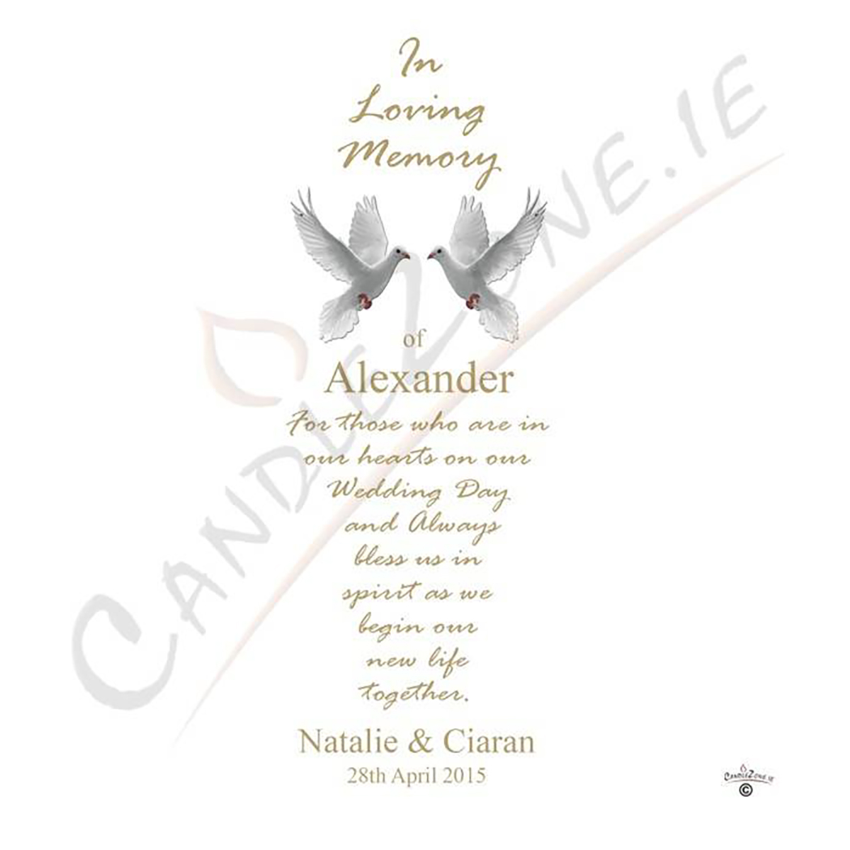 Customised Wedding Remembrance Candle - Entwined Gold Rings & Doves